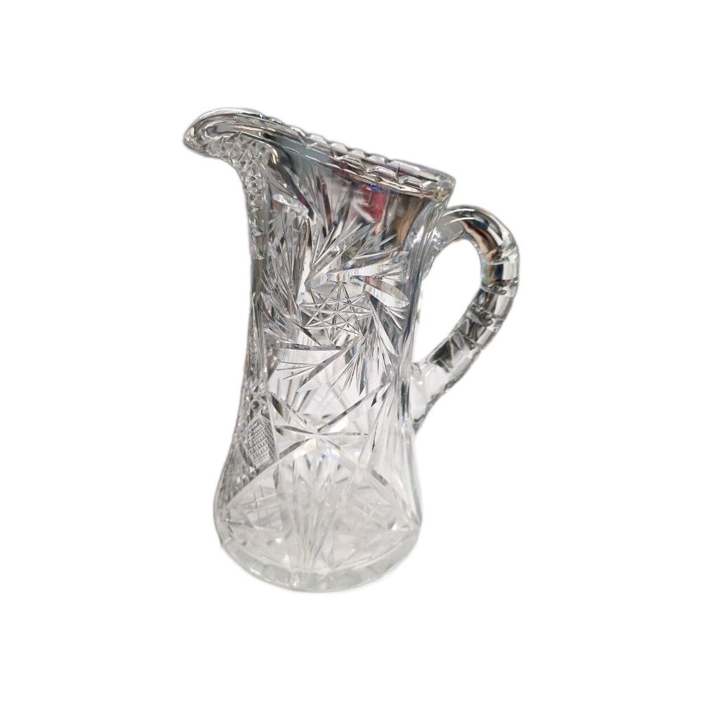 Vintage American Brilliant Hobstar And Sawtooth Pitcher Cut Glass 9.5” Tall